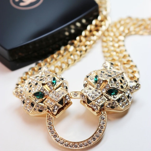 Leopard Necklace Stunning Crystal Door-knocker Dual Strand NY Style Adjustable - Picture 4 of 16